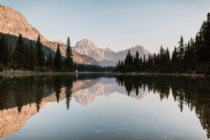 a lake surrounded by pine trees and mountains