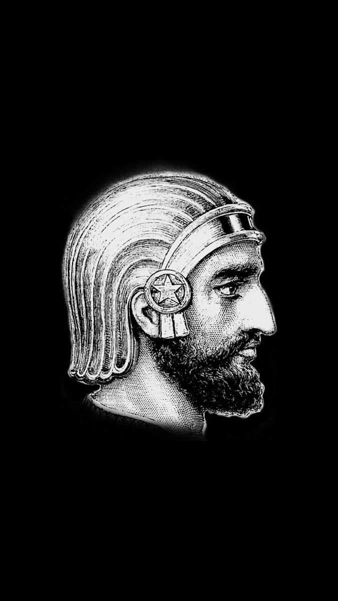 a black and white drawing of a man with a beard wearing an ancient headdress