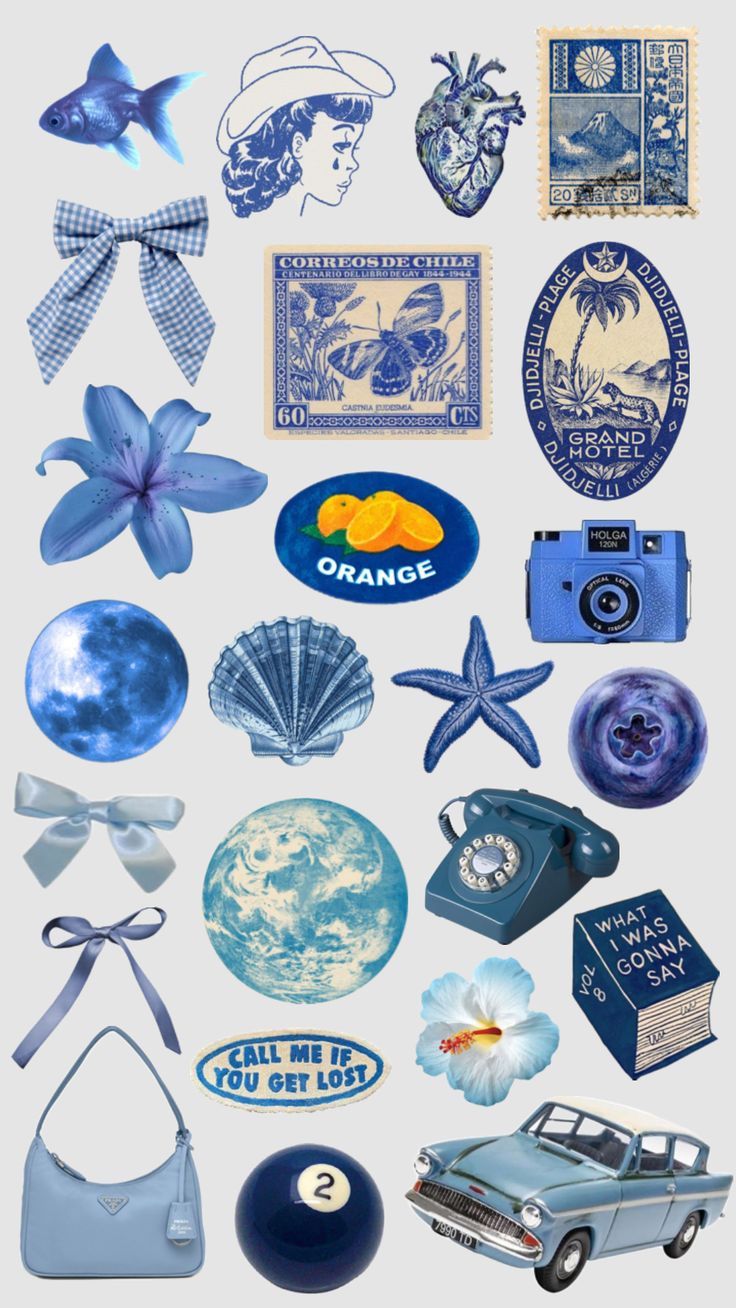 an assortment of blue and white items are arranged in the shape of a collage