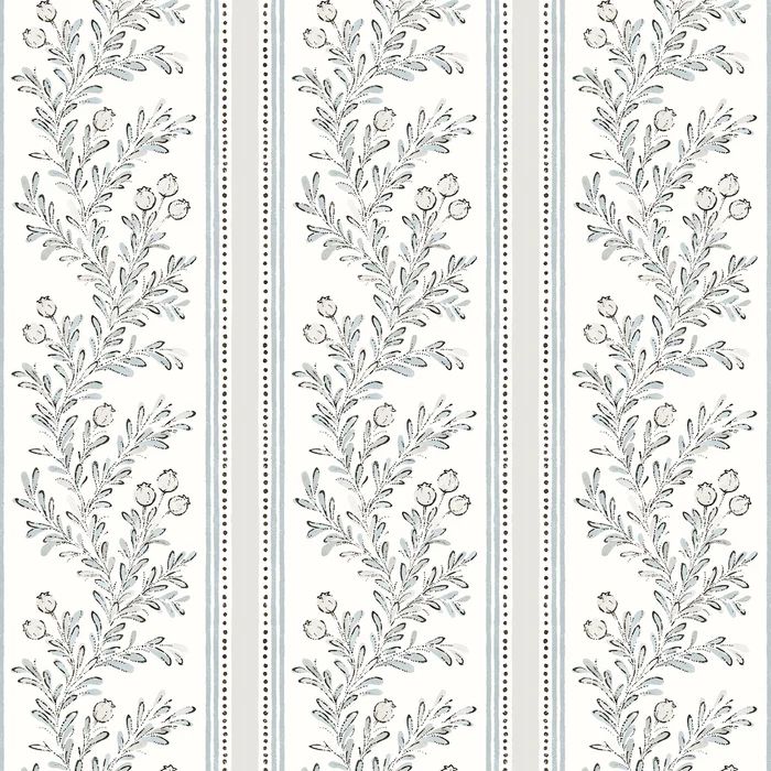 a white and blue striped wallpaper with floral designs on the side, in two rows