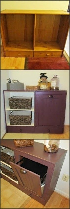 two pictures of different types of furniture with baskets on the top and bottom shelves above them