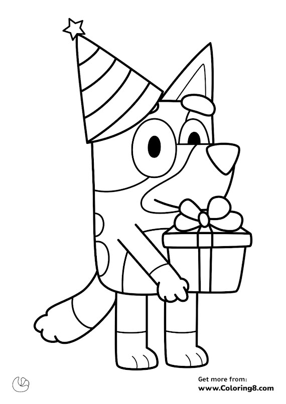 Bluey holding birthday gift coloring page Bluey Birthday Coloring Pages, Bluey Birthday Coloring Pages Free, Bluey Birthday Card Diy, Bluey Birthday Cards Handmade, Cricut Bluey Birthday, Bluey Birthday Cards, Bluey Coloring Pages Free, Bluey Birthday Party Diy, Bluey Birthday Party Ideas Diy