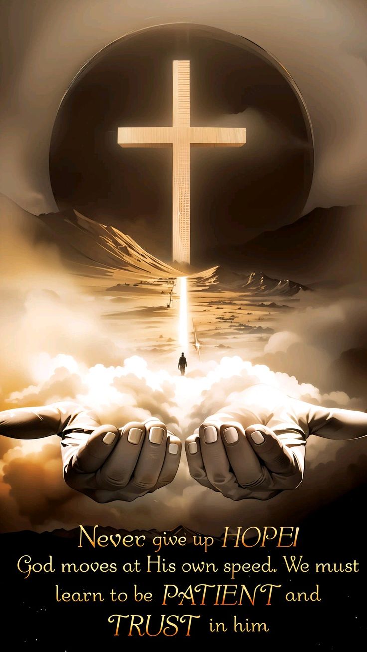 two hands holding the cross above clouds with an image of jesus's hand in the background