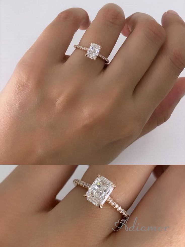 two different views of a woman's hand with an engagement ring and wedding band