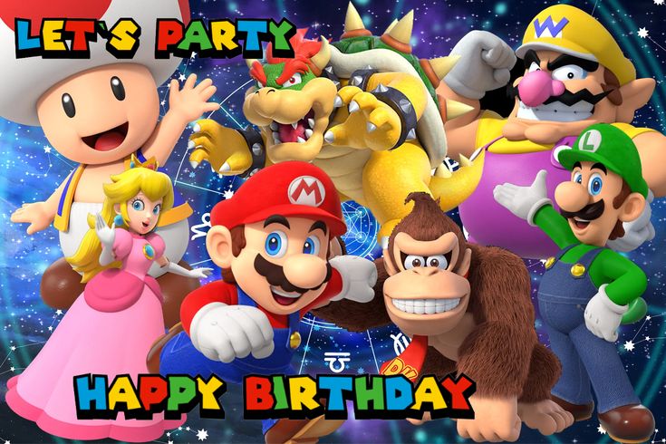 an image of mario birthday card with many characters in front of the camera and fireworks