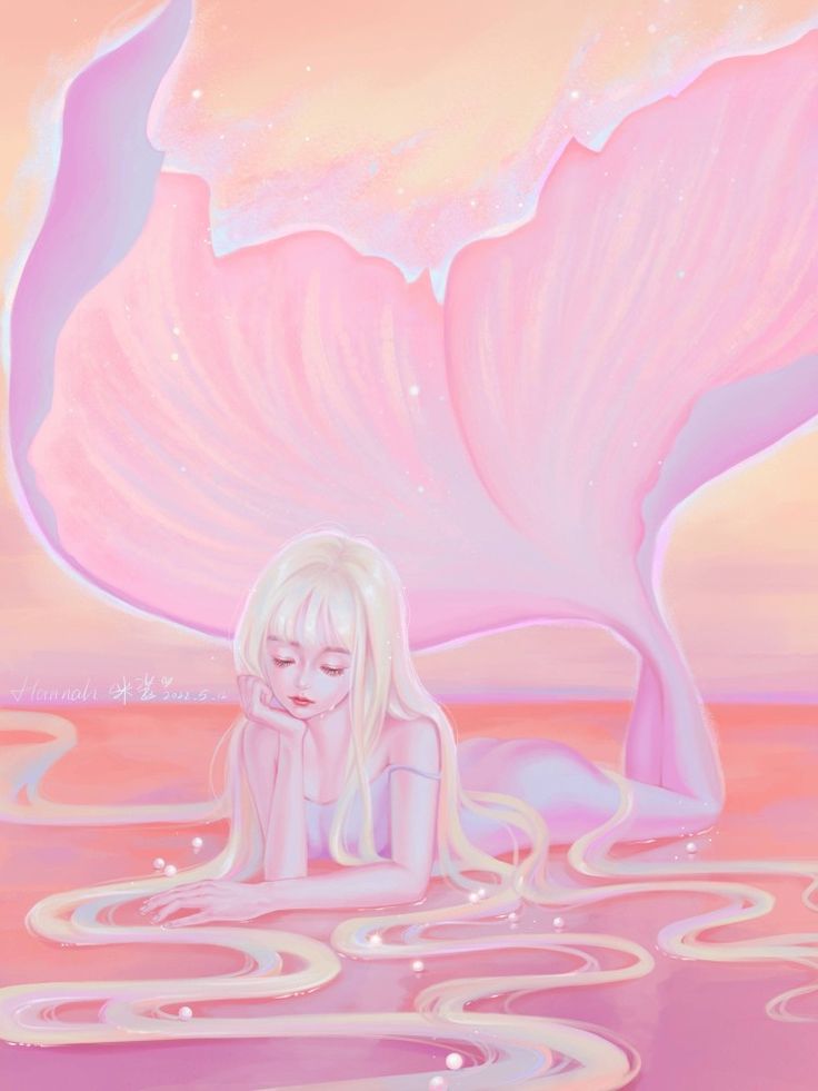 a painting of a girl in the water with her eyes closed and hair blowing back