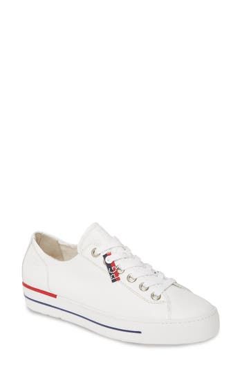 Slim, colorful stripes race around the optic-white foxing of a sneaker crafted simply with a lace-to-toe profile and a soft terry lining. Lace-up style Leather upper/leather and textile lining/synthetic sole Imported Salon Shoes White Round Toe Sneakers With Signature Stripes, White Sporty Sneakers With Signature Stripes, White Sneakers With Signature Stripes And Round Toe, White Low-top Sneakers With Signature Stripes, White Casual Sneakers With Signature Stripes, Casual White Sneakers With Signature Stripes, White Lace-up Sneakers With Signature Stripes, Womens Waterproof Boots, Top Sneakers Women