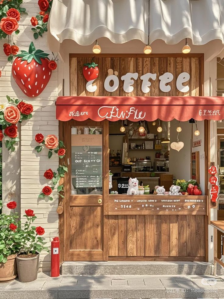 the outside of a coffee shop with red flowers on the wall and awnings