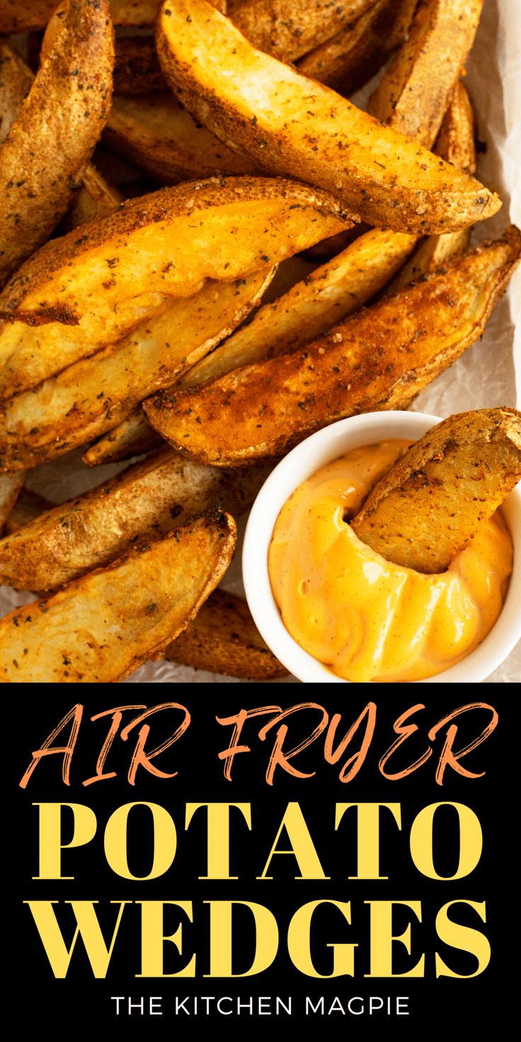 air fryer potato wedges with ketchup and mustard sauce on the side