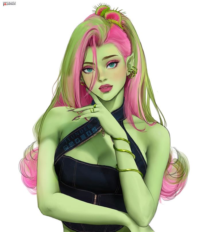 a drawing of a woman with pink hair and green skin holding a remote control in her hand