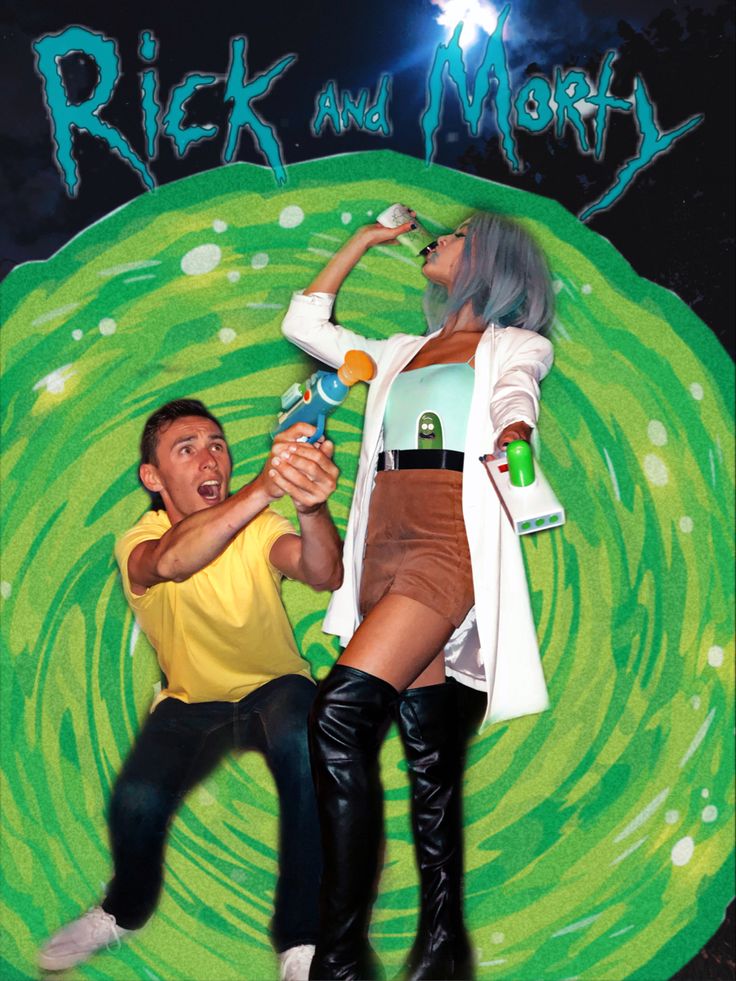 a man and woman in front of a green background with the words rick and mort on it