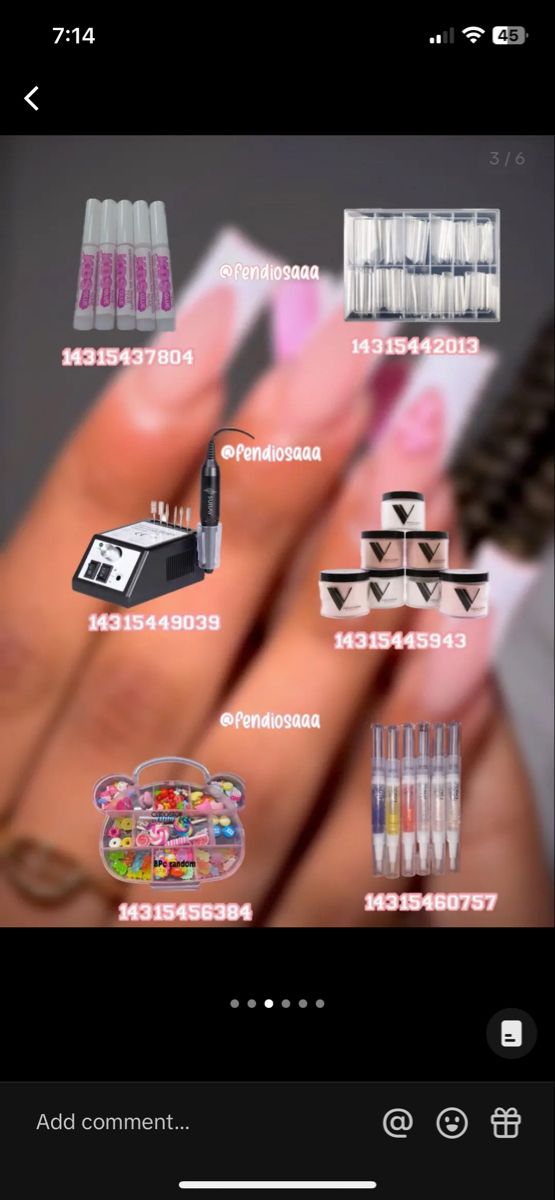 an image of someones hand with different nail polishes and cosmetics items on it