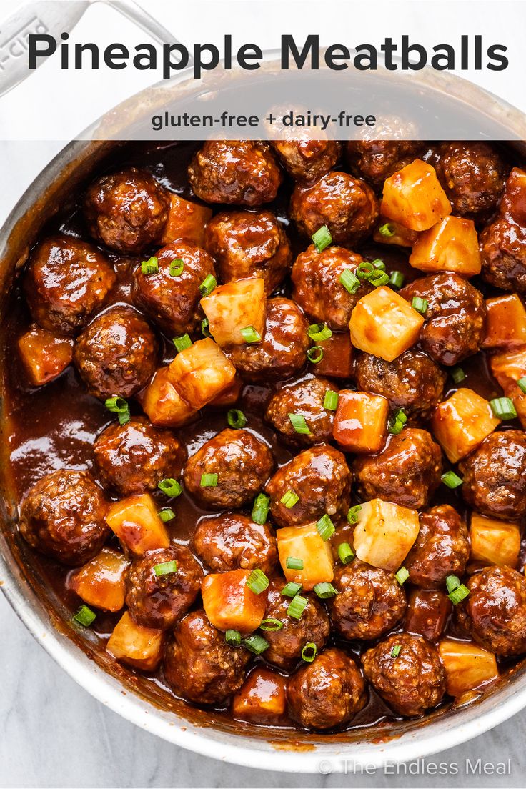 pineapple meatballs in a skillet with text overlay