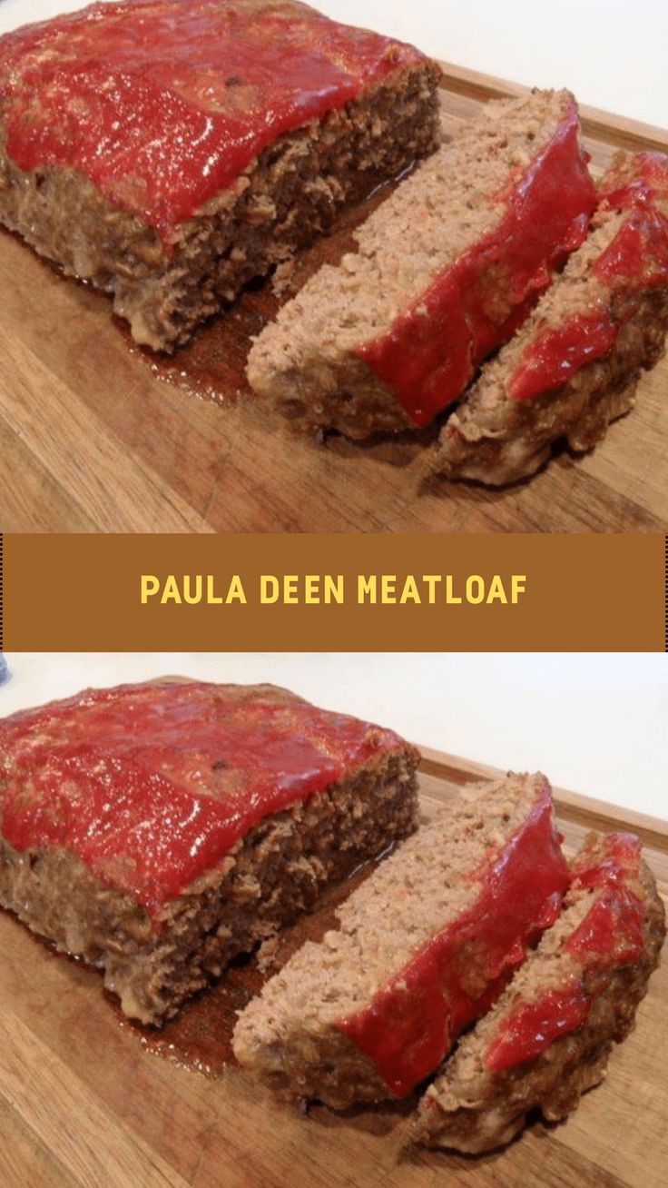 two pictures of meatloaf on a cutting board with ketchup and sauce