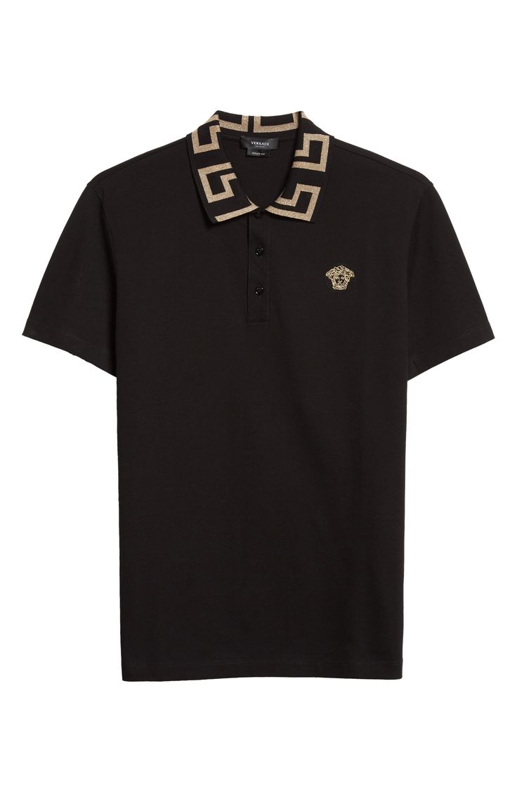 Glimmering Greek-key patterning highlights the spread collar on this slim-fitting cotton polo further refined with an embroidered Medusa head at the chest. Style Name:Versace Metallic Greca Collar Piqué Polo. Style Number: 6252215. Designer Short Sleeve Polo Shirt With Embroidered Logo, Designer Tops With Embroidered Logo, Designer Top With Embroidered Logo And Collared Neckline, Luxury Short Sleeve Polo Shirt, Luxury Polo Shirt With Collared Neckline, Designer Polo Shirt With Embroidered Logo, Fitted Polo Shirt With Embroidered Logo, Designer Cotton Polo Shirt, Fitted Short Sleeve Luxury Polo Shirt