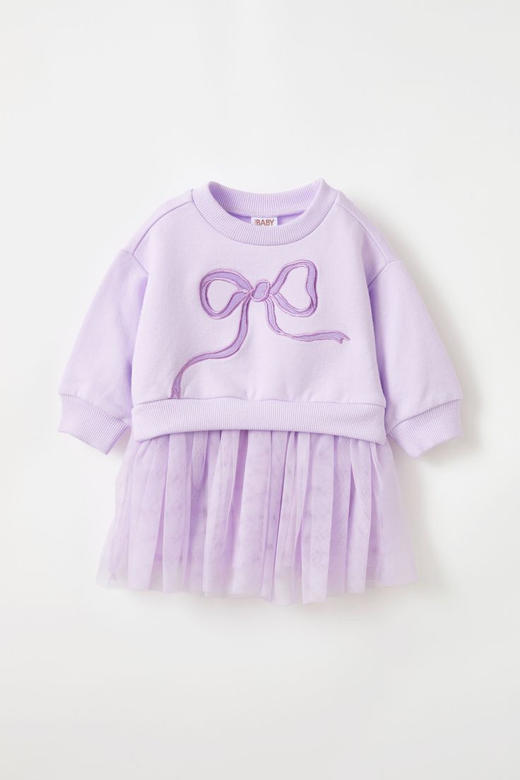 BABY DEV - TULLE SWEATER DRESS Lavender Long Sleeve Dress For Fall, Pink Cotton Dresses With Bow Print, Lavender Long Sleeve Ruffle Dress, Purple Long Sleeve Dress For Dress-up, Lavender Long Sleeve Ruffled Dress, Lavender Ruffled Long Sleeve Dress, Long Sleeve Lavender Dress With Ruffles, Long Sleeve Purple Dress For Formal Occasions, Winter Long Sleeve Dress With Bow