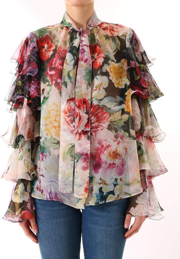 Dolce & Gabbana Shirt Flower Silk Tie Scarf, Scarf Tying, Flower Shirt, Mixing Prints, Silk Chiffon, Floral Tops, Dolce And Gabbana, Round Neck, Ruffle Blouse