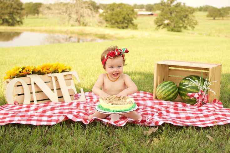 a baby sitting on a blanket with a cake and watermelon in the background