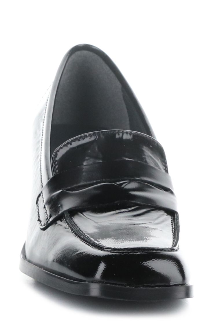 A classic penny keeper and loafer-inspired topline lend timeless sophistication to a leather pump balanced by a squared-off moc toe and sculptural block heel. 2 1/4" heel Cushioned footbed Leather upper/textile lining/rubber sole Made in Portugal Classic Patent Leather Slip-on Loafers, Classic Slip-on Platform Loafers With Closed Toe, Sleek Patent Leather Office Loafers, Sleek Patent Leather Loafers With Almond Toe, Slip-on Loafers With Padded Heel For Office, Classic Patent Leather Court Shoes With Padded Heel, Fitted Almond Toe Moccasins For Galas, Elegant Black Square Toe Oxfords, Elegant Formal Oxfords With Square Toe