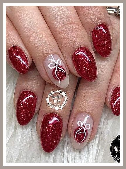 red and white manies with bows on the tips, one has glittery nail polish