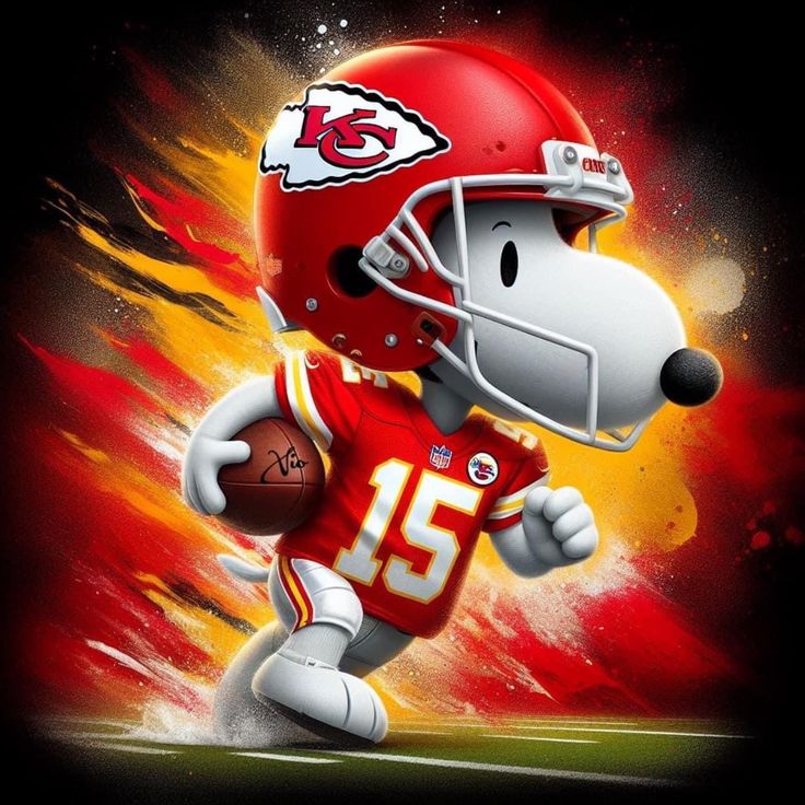 a cartoon character in a football uniform running with a dog on his chest and holding a football