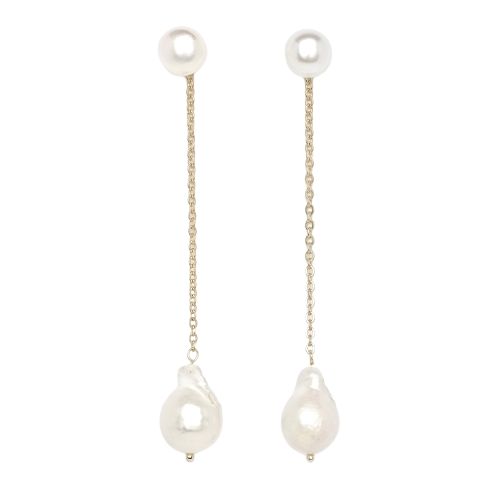 A medium-size freshwater pearl attached to a gold-dipped chain drop earring with a freshwater pearl.- Each item is handmade and unique, may have slight variations - Can be worn as a drop earring or as a stud earring. - Available as a single earring or pair. - Please allow 3-5 days for items to ship Minimalist Long Drop Earrings With Pearl Charm, Dangle Pearl Earrings With Adjustable Chain, Yellow Gold Long Drop Threader Earrings With Pearl Drop, Yellow Gold Threader Earrings With Pearl Drop, Minimalist Baroque Pearl Chain Earrings, Gold Long Drop Earrings With Pearl Pendant, 14k Gold Filled Drop Pearl Earrings With Pearl Pendant, 14k Gold-filled Pearl Drop Earrings With Pendant, Gold Long Drop Pearl Pendant Earrings