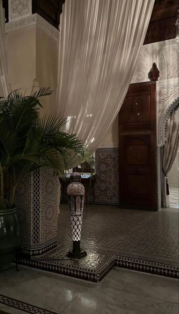 a large potted plant sitting on top of a tiled floor next to a doorway