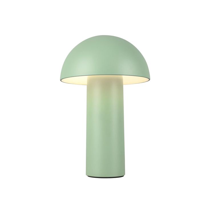 a green table lamp with a white light on the top and bottom part of it