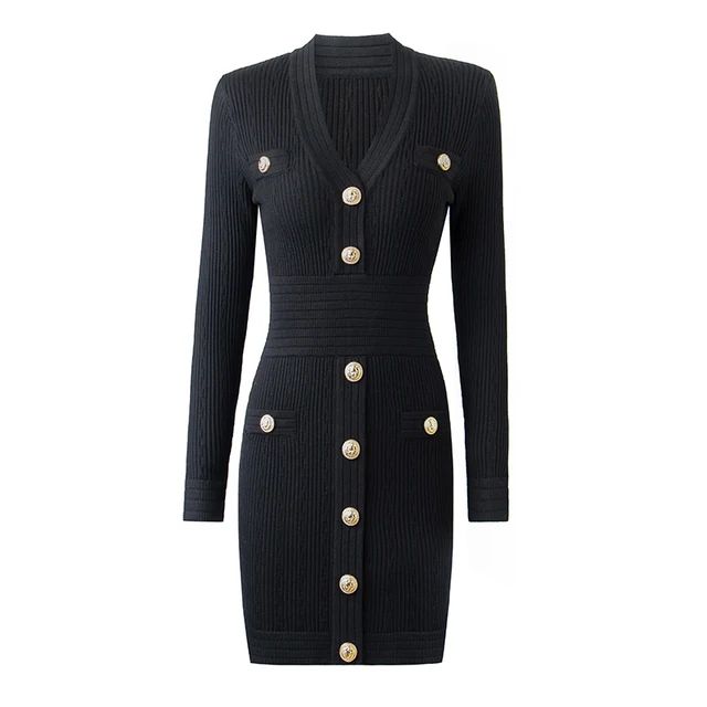 Color: Black, Size: L Black Dress With Gold Buttons, Balmain Black Dress, Psychobilly Fashion, Balmain Dress, Street Dress, Ribbed Mini Dress, Ribbed Dress, Knitted Bodycon Dress, Form Fitting Dress