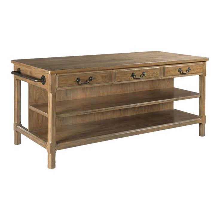 a wooden table with two drawers on one side and an open shelf on the other