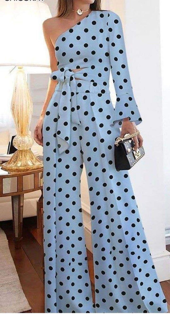 Palazzo Pants Outfit, Iranian Fashion, Polka Dot Jumpsuit, Colorful Jumpsuit, Off Shoulder Jumpsuit, Classy Fashion, Jumpsuit With Sleeves, Complete Outfits, Jumpsuit Fashion