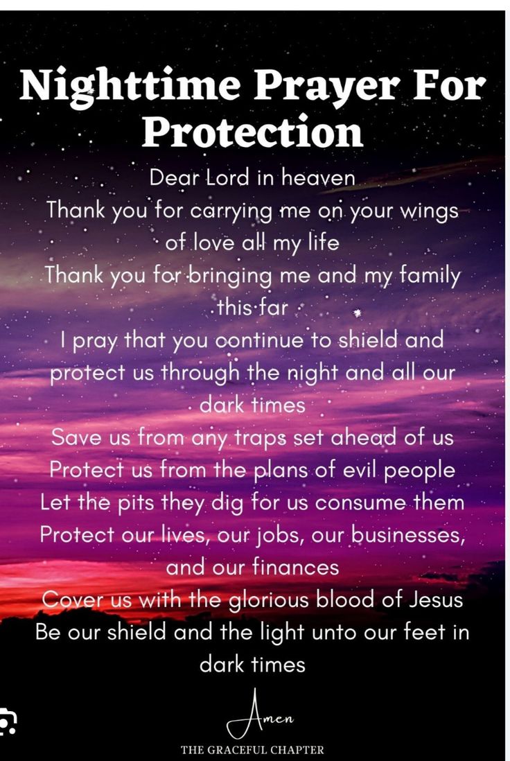 the night time prayer for protection with an image of stars and clouds in the background