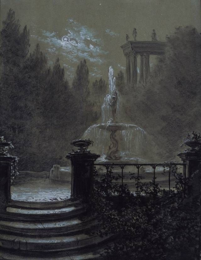 a painting of a fountain in the middle of a park