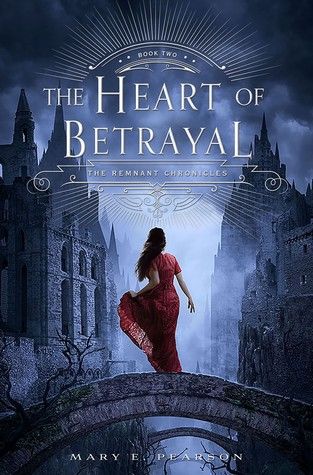 the heart of betraval book cover with a woman in a red dress walking across a bridge