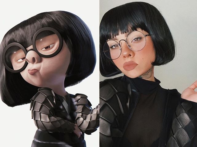 two different images of a woman with black hair and glasses, one wearing an unusual outfit