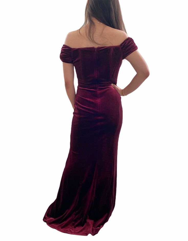 Gorgeous classy A-Line evening gown. This dress features a beautiful super soft velvet material and an off the shoulder neckline with ruched sleeves. This classic silhouette is perfect for formal events like galas or weddings. Brand: Laundry by Shelli Segal Retail Price: $248 Color: Deep Garnet Hidden Zippered Back 93% Polyester, 3% Spandex Model Info: Height: 5'2 Waist: 25'' Wearing a size US 2 Off-shoulder Evening Dress For Formal Events, Elegant Ruched Off Shoulder Dress For Formal Occasions, Off-shoulder Fitted Evening Dress For Formal Occasions, Elegant Floor-length Off Shoulder Dress For Formal Events, Elegant Off Shoulder Dress With Ruched Bodice For Prom, Off-shoulder Fitted Formal Evening Dress, Formal Fitted Off-shoulder Evening Dress, Glamorous Off-shoulder Evening Dress For Formal Occasions, Elegant Ruched Off Shoulder Dress For Gala