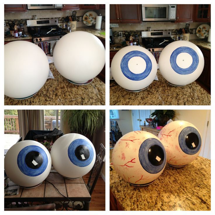 four different pictures of large white balls with blue eyeballs on the top and bottom