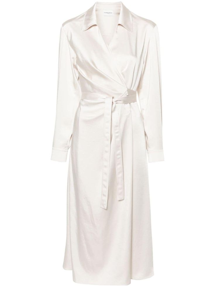 light beige satin finish gathered detailing wrap design pointed flat collar V-neck side tie fastening long sleeves buttoned cuffs flared hem mid-calf length Dressy Hats, Midi Wrap Dress, Wrap Midi Dress, Versace Outfit, City Dress, Satin Midi Dress, Blue Midi Dress, Maxi Dress Blue, Black Midi Dress