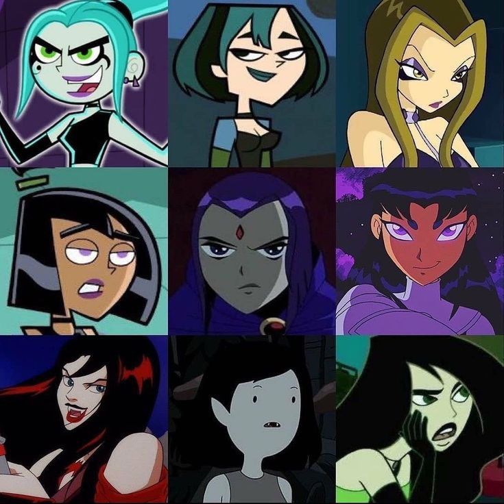 cartoon characters with different facial expressions and hair colors, all looking at the same person