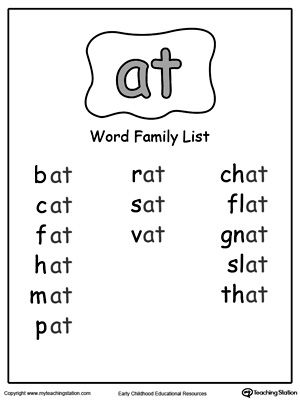 the word family list is shown in black and white, with an image of a cat