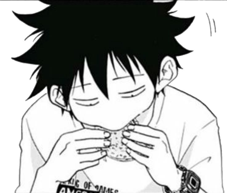 an anime character with black hair eating food