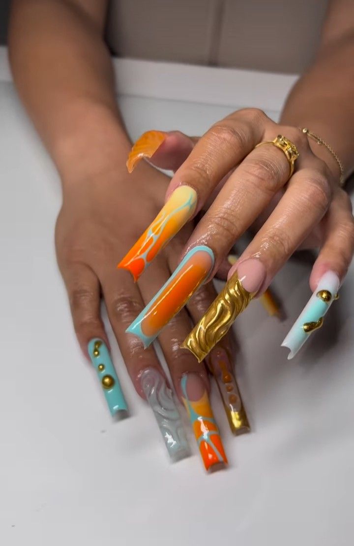 Dreamville Nails, Freaknik Nails, Megan Thee Stallion Nails, Eccentric Nails, Freaknik Outfits, Xl Nails, Long Acrylic Nail Designs, Drip Nails, Dope Nail Designs