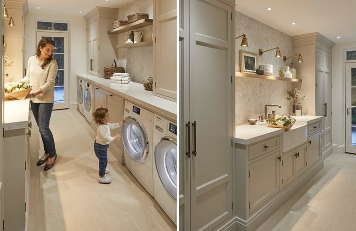 two pictures of a woman and her child in the kitchen next to an open washer