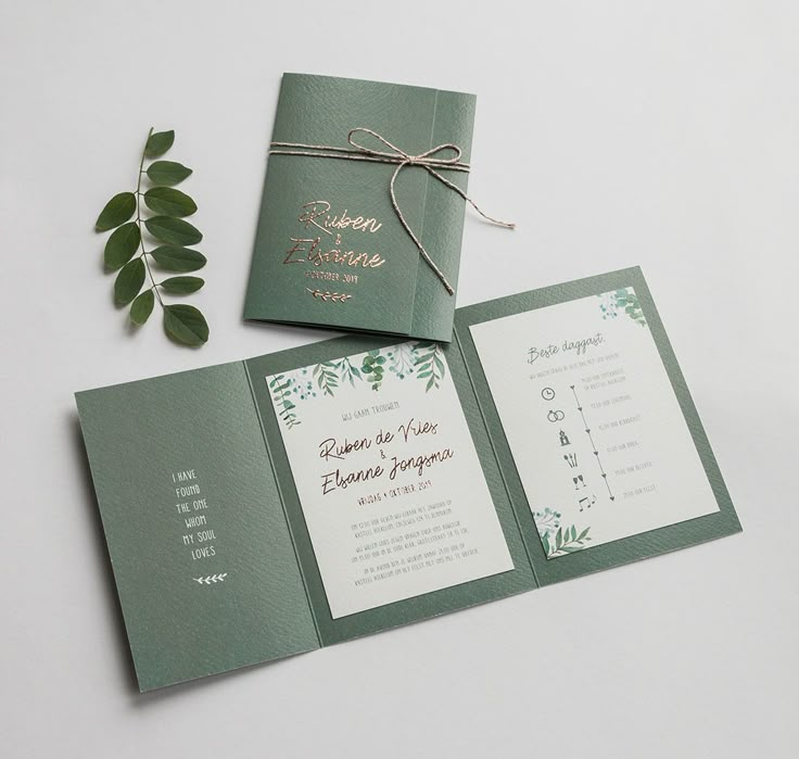 an open green wedding card with a bow on the front and side, sitting next to a plant