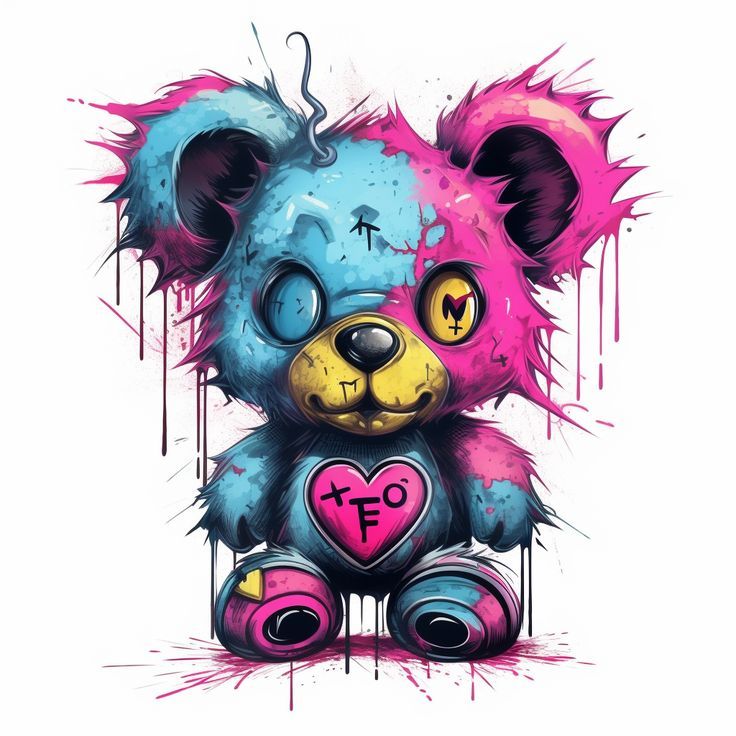 a teddy bear with pink and blue paint splattered on it's face