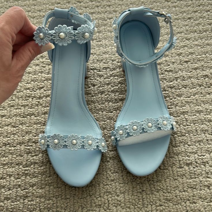 Never Worn - New In Box - Light Blue Heels With Floral And Pearl Detail Rose Gold Glitter Heels, White Ankle Strap Heels, Baby Blue Heels, Light Blue Heels, Quinceanera Shoes, Bridesmaid Dress Shoes, Boho Wedding Shoes, Pearl Heels, Quinceañera Ideas