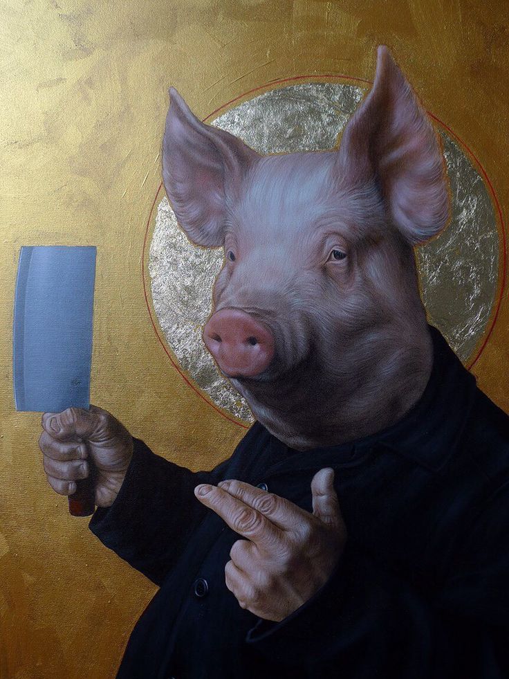 a painting of a pig holding a knife in his right hand and looking at the camera