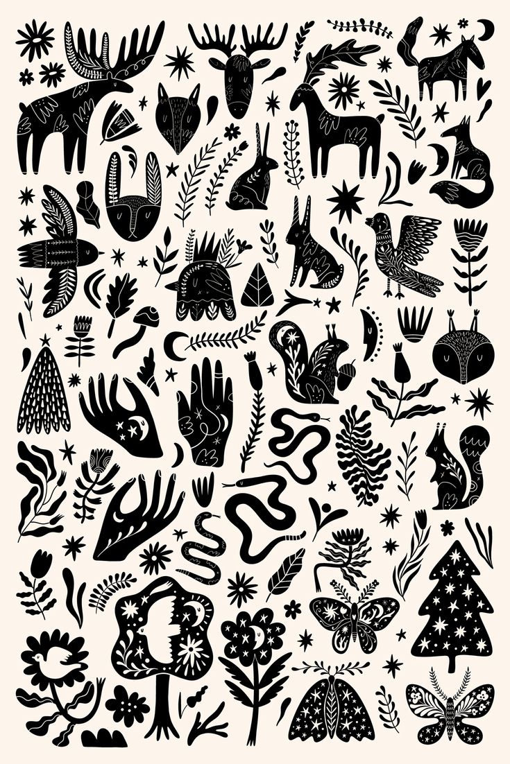 black and white illustration of various animals, plants and trees