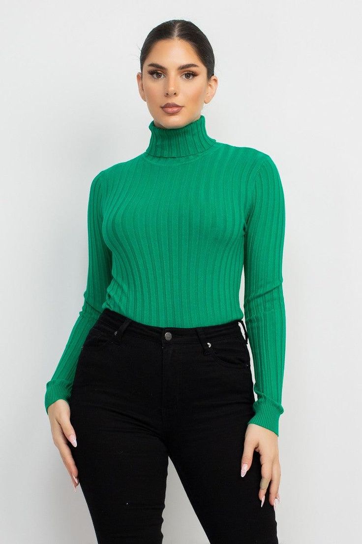 Ribbed Turtleneck Sweater - RK Collections Boutique Chic Ribbed Turtleneck Tops, Spring Turtleneck With Ribbed Collar, Ribbed Solid Stretch Tops, Casual Stretch Ribbed Turtleneck, Solid Ribbed Stretch Top, Solid Stretch Ribbed Tops, Spring Stretch Ribbed Knit Top, Stretch Solid Ribbed Top, Green Knit High Neck Top