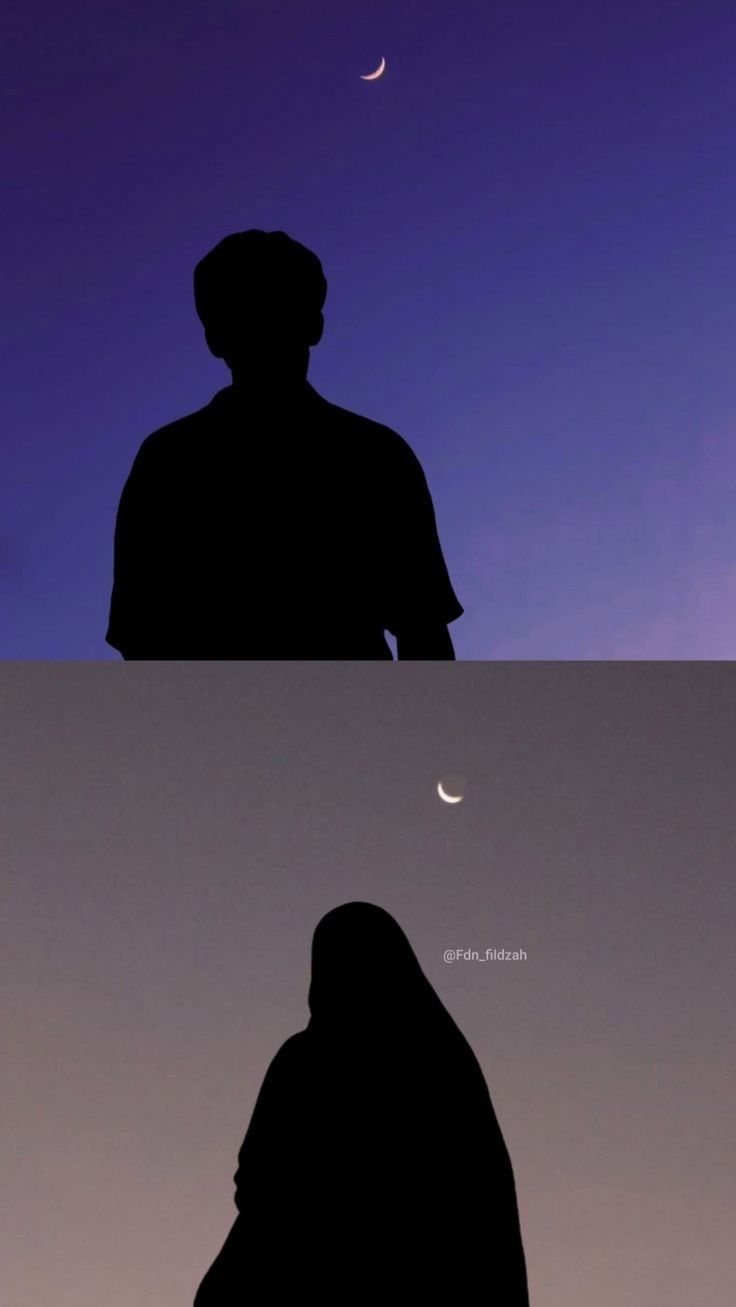 the silhouettes of two people against a purple and blue sky with crescent moon in the distance